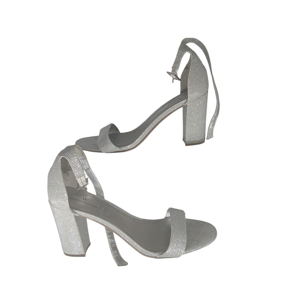 Worthington Beckwith Sandals 9M Silver Glitter Block Heel Formal Glam‎ Shimmer
